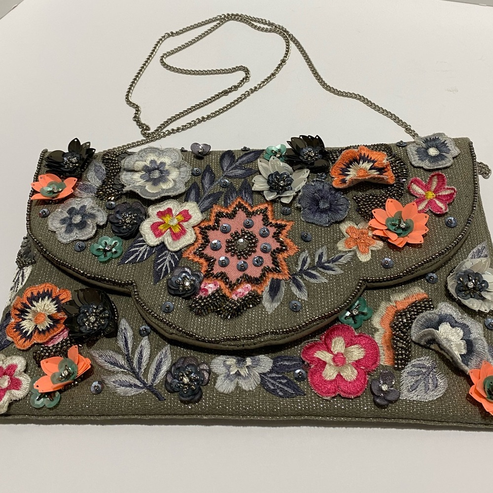 3D Floral Clutch Envelope Handbag Chain Strap Gray Orange Pink Blue Magnet Close